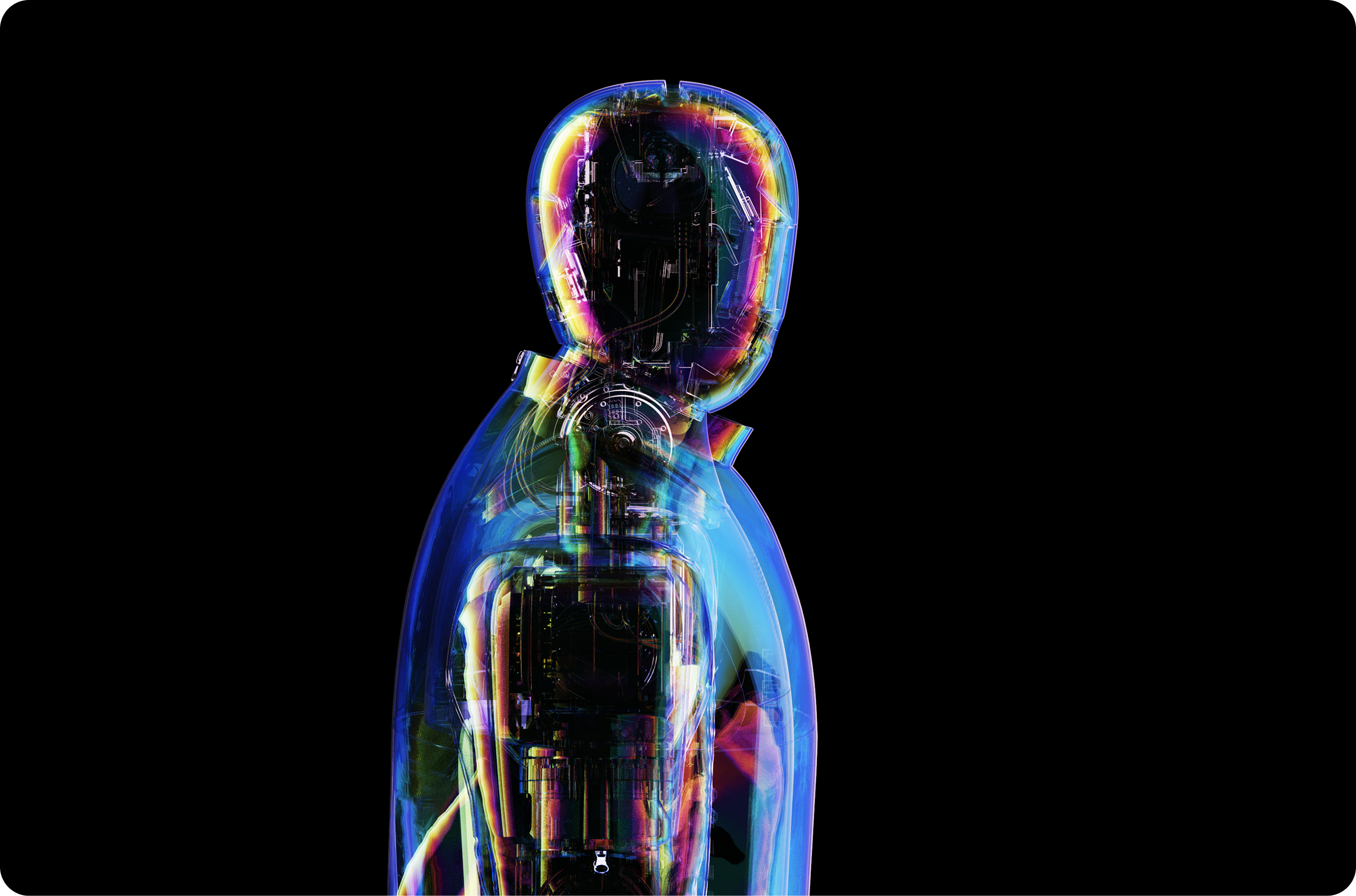 Transparent humanoid robot on a black background