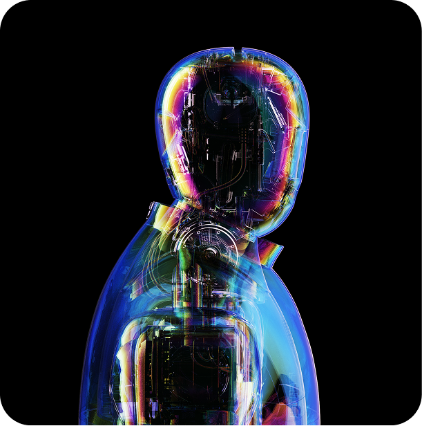 Colorful transparent render of a humanoid robot