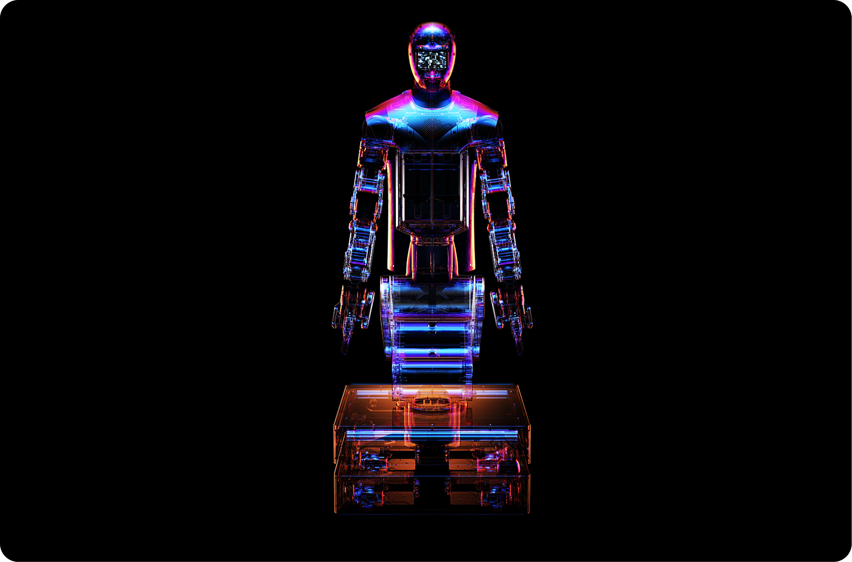 Transparent humanoid robot render on a black background