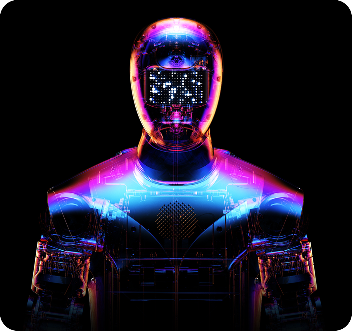 Colorful close-up of a humanoid robot head
